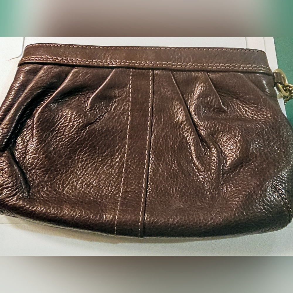 Coach Ashley Brown Soft Leather Wristlet/Clutch Detachable Strap Colorful Lining